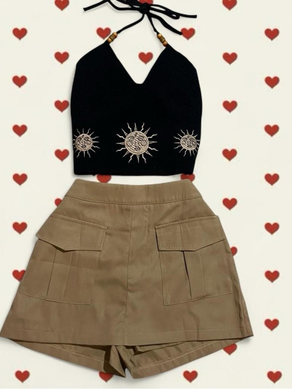 Embroidered Sun Halter Crop Top and Khaki Utility Skort Set